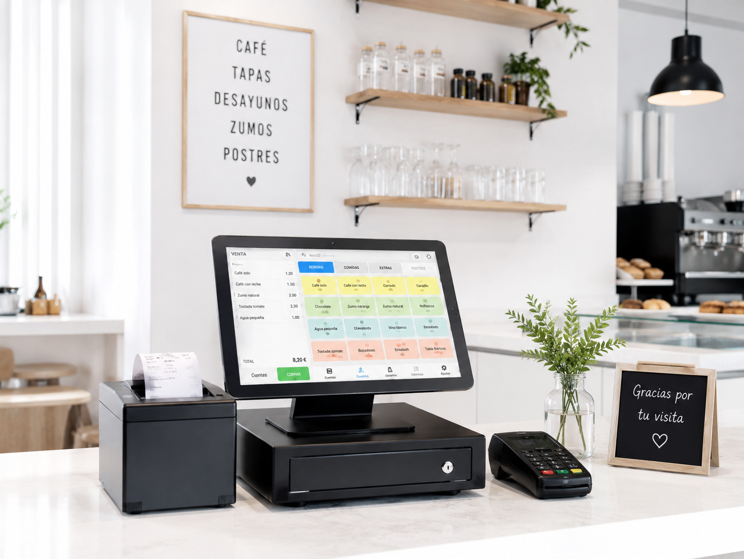 TPV con datáfono, cajón e impresora de tickets en una cafetería