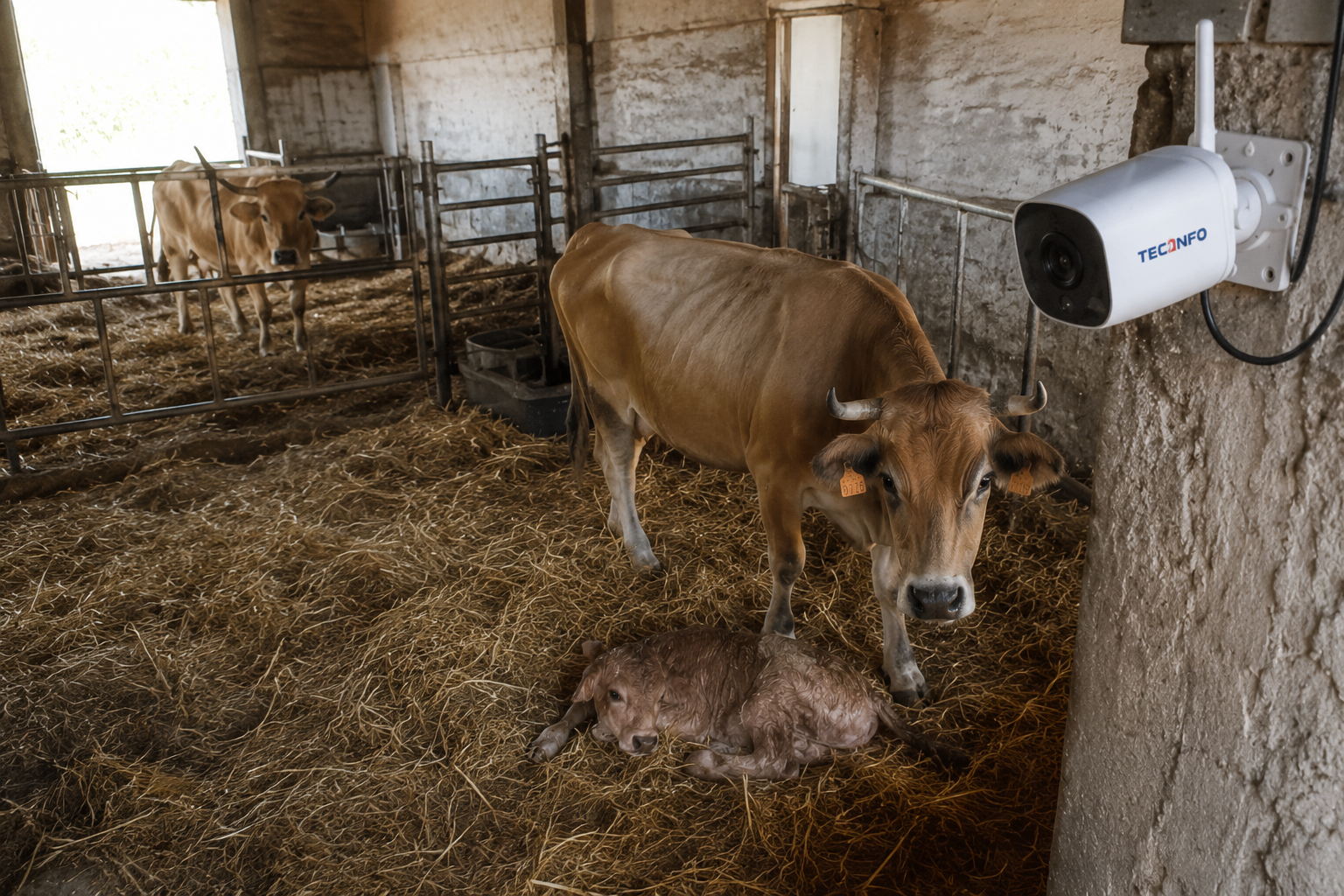 Cámara TEC-iNfo vigilando una vaca asturiana con su ternero recién nacido en la cuadra